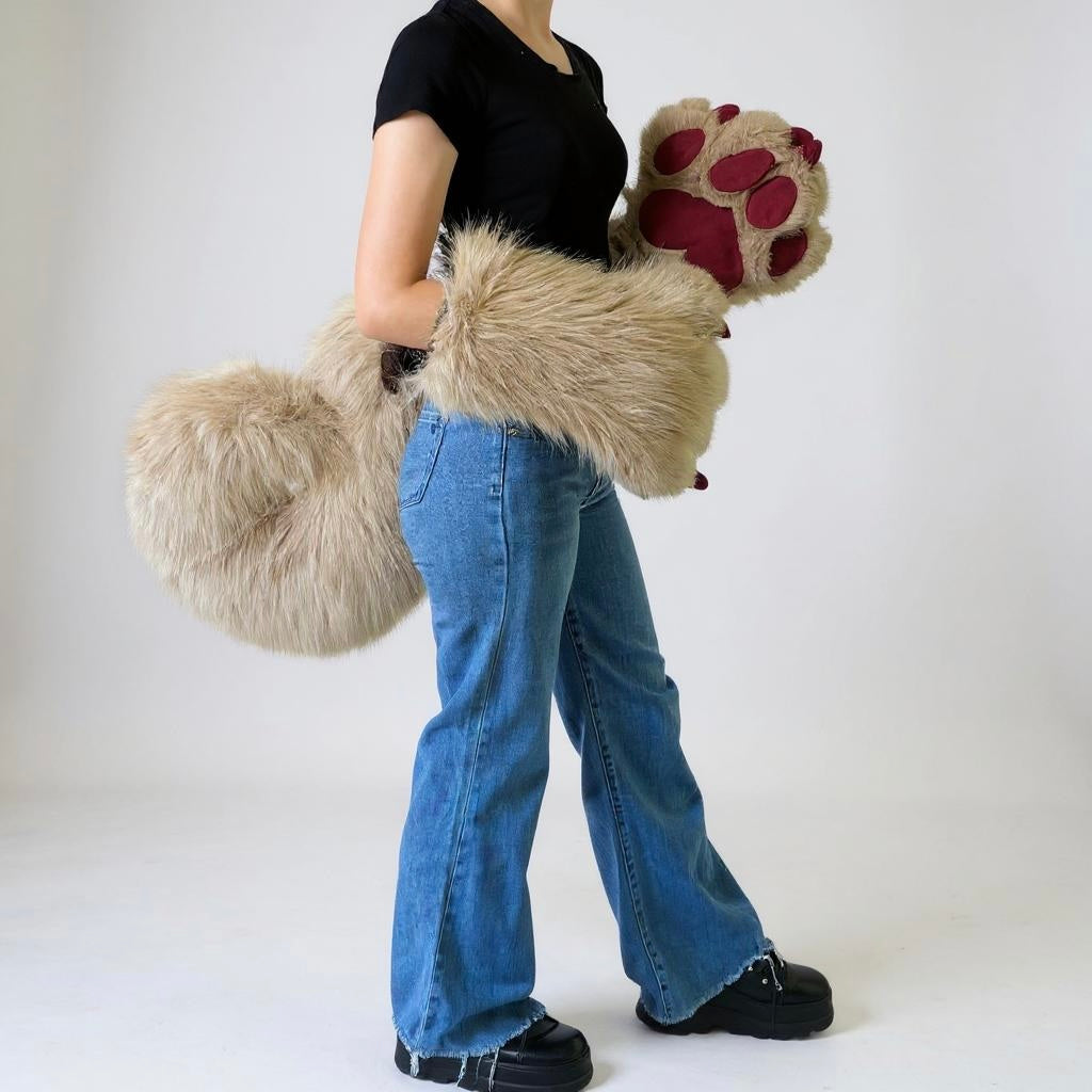 Beige and Burgundy Red Curled Tail & Paw Set